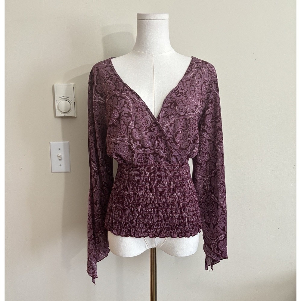 Vintage 90s 00s Boho Whimsigoth Flare Sleeve Top V Neck Paisley Purple Plus Size - Picture 1 of 8